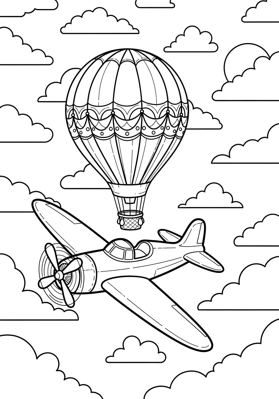Desenho de Avião e balão de ar quente para colorir