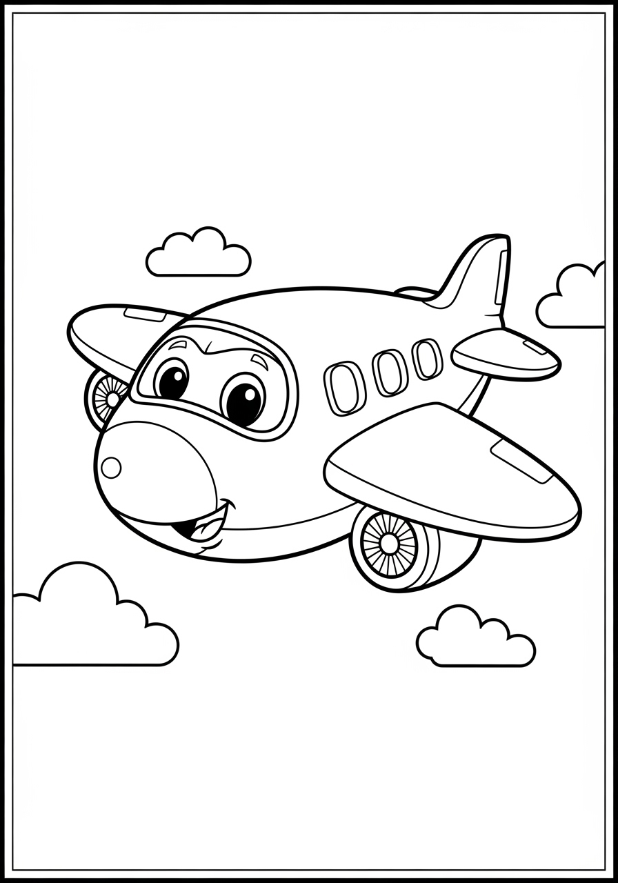 Desenho de Avião fofo voando entre nuvens para colorir