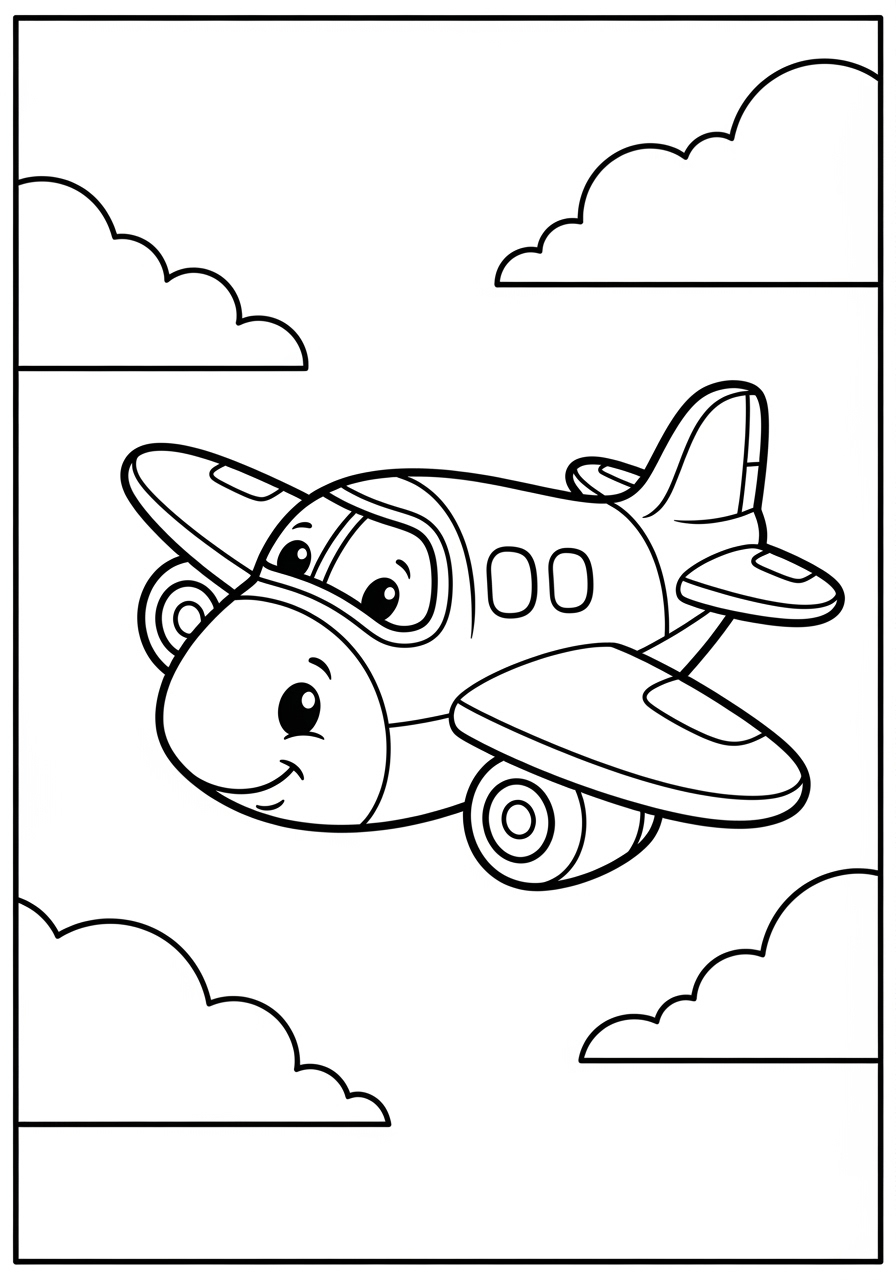 Desenho de Avião fofinho voando entre nuvens para colorir