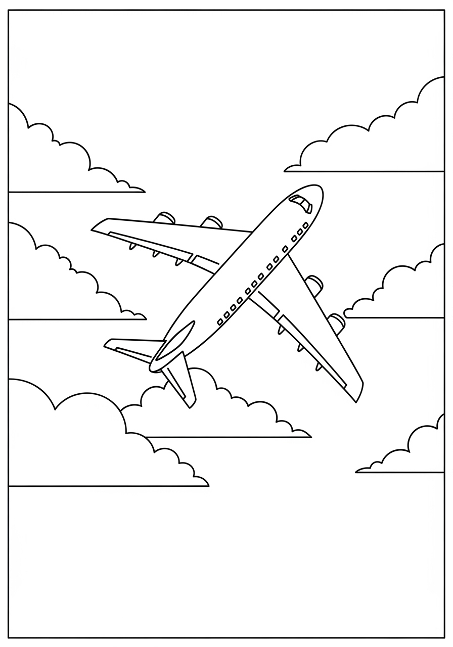 Desenho de Avião voando entre nuvens para colorir