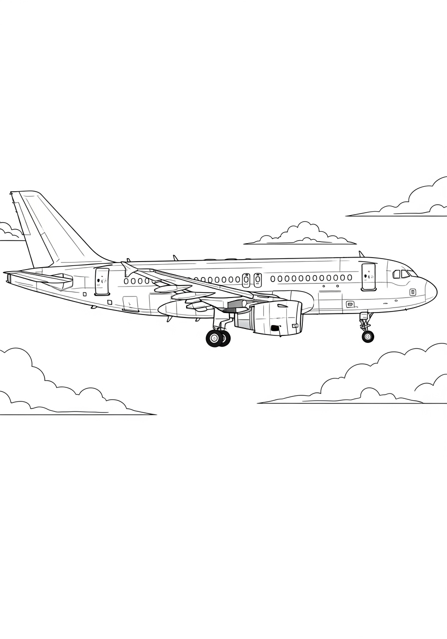 Desenho de Avião em voo com nuvens para colorir