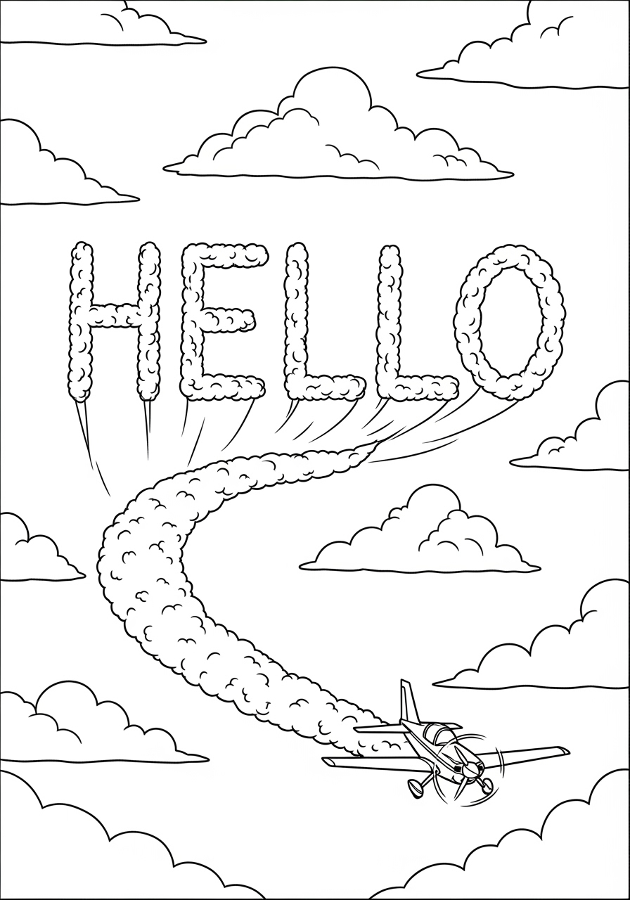 Desenho de Avião deixando nuvens de fumaça com a palavra hello
