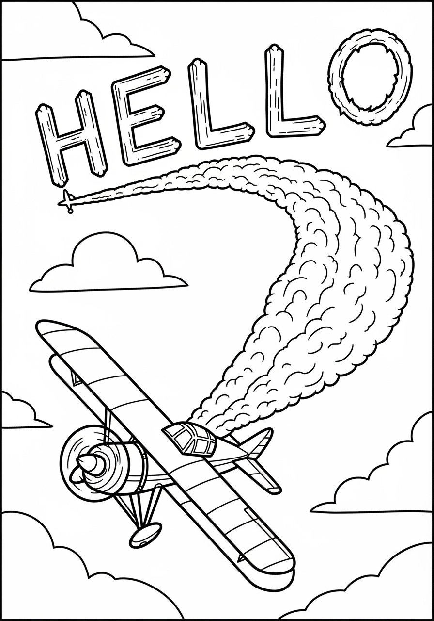 Desenho de Avião com fumaça e nuvens para colorir