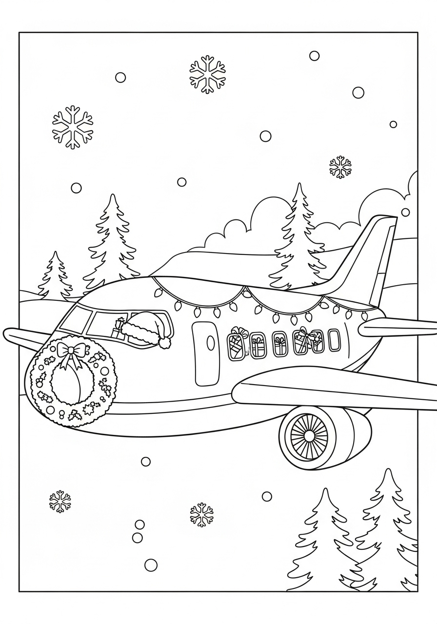 Desenho de Avião decorado para natal em um fundo de inverno