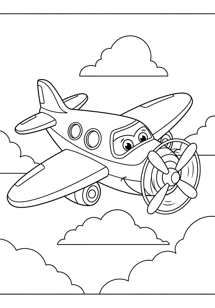 Desenho de Avião voando entre nuvens para colorir