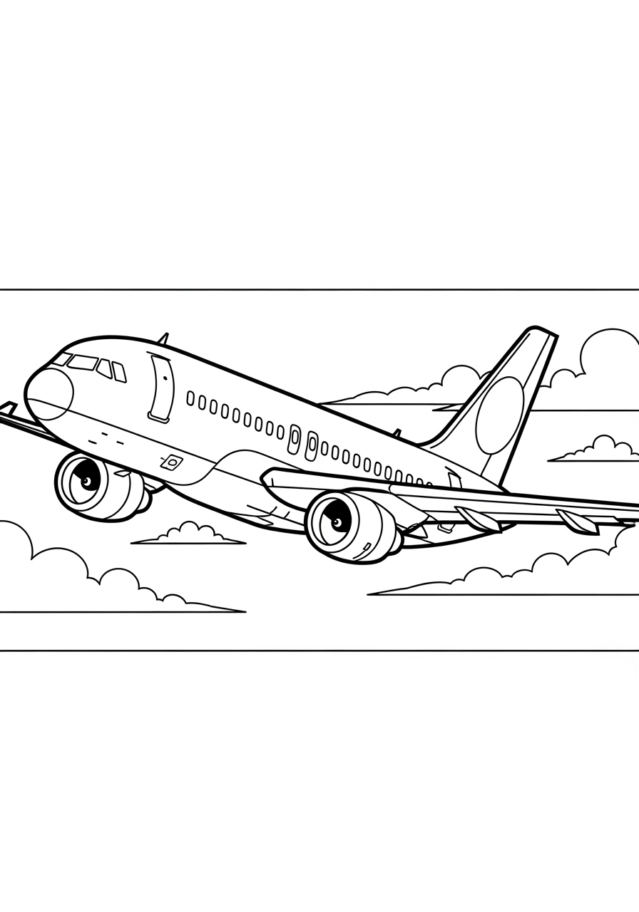 Desenho de avião voando entre nuvens para colorir