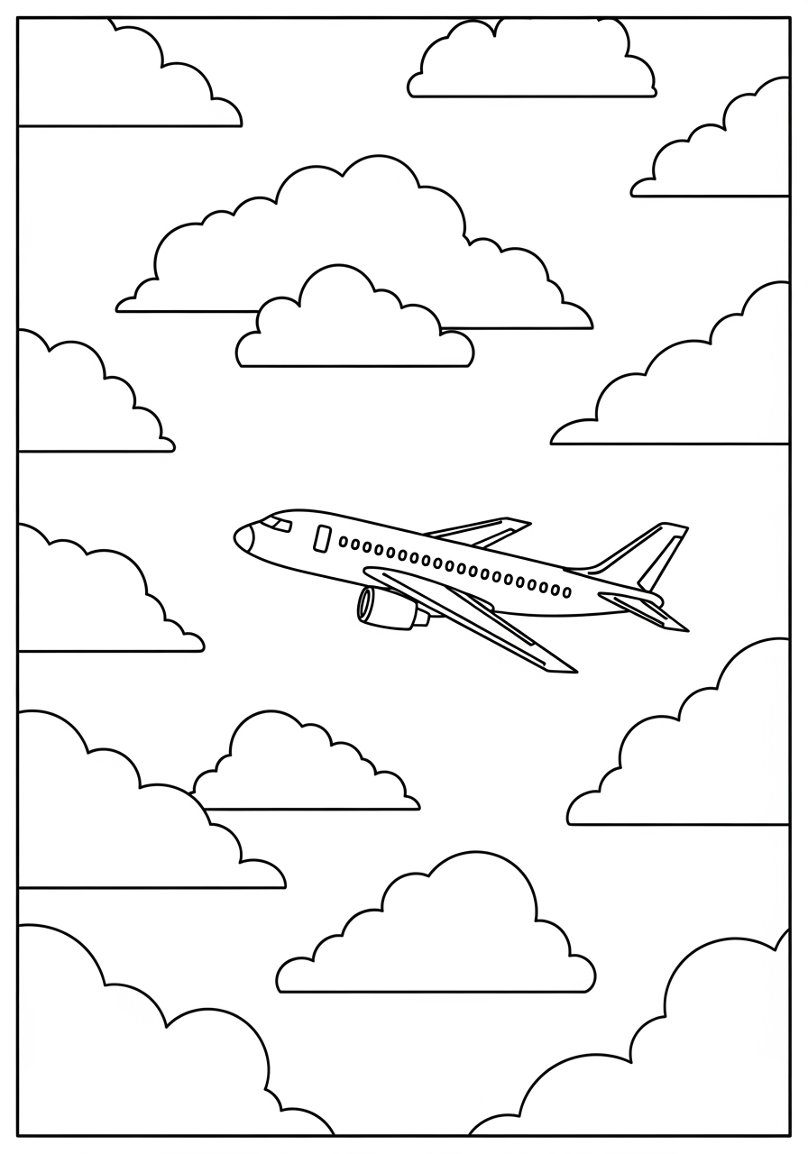 Desenho de Avião voando entre nuvens para colorir