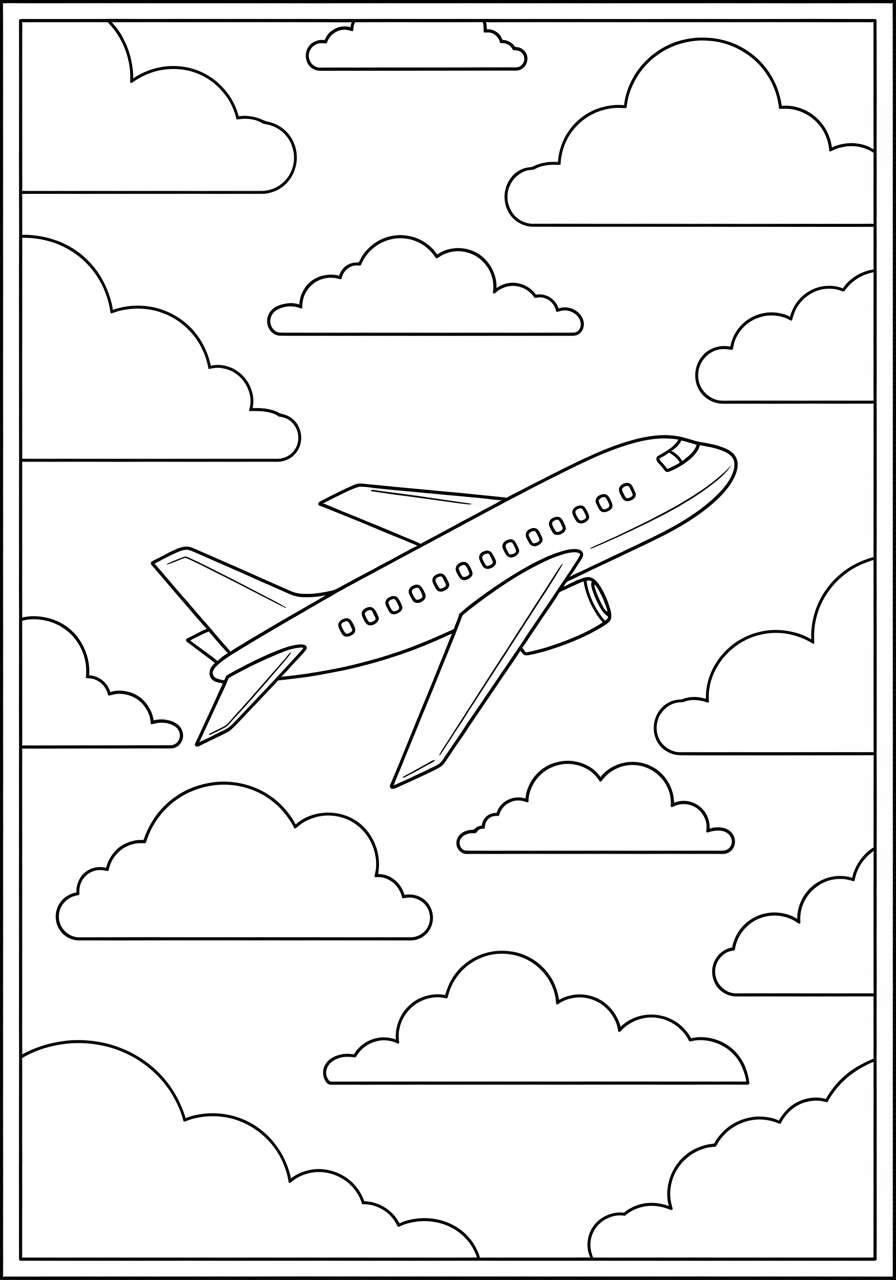 Desenho de Avião voando entre nuvens para colorir