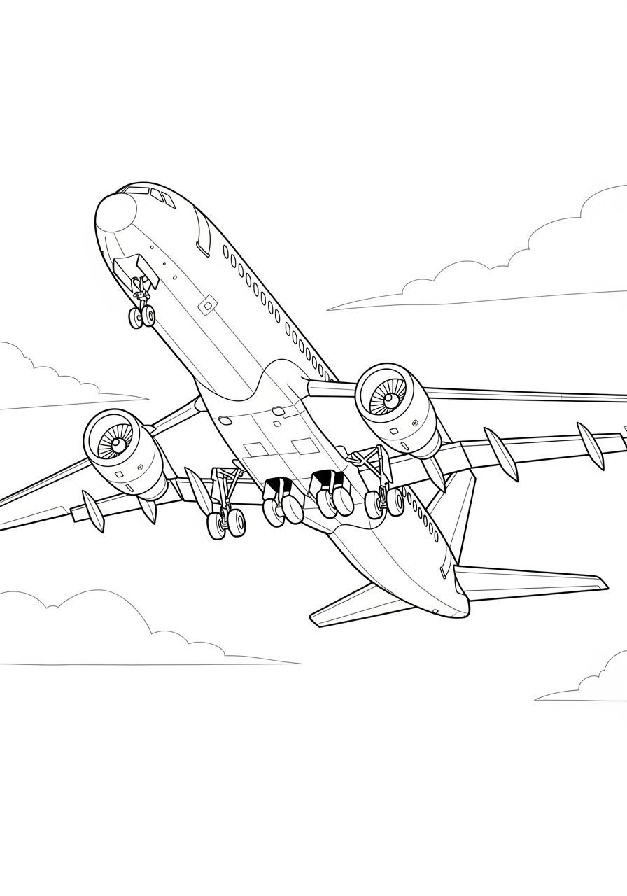 Desenho de Avião voando entre nuvens para colorir