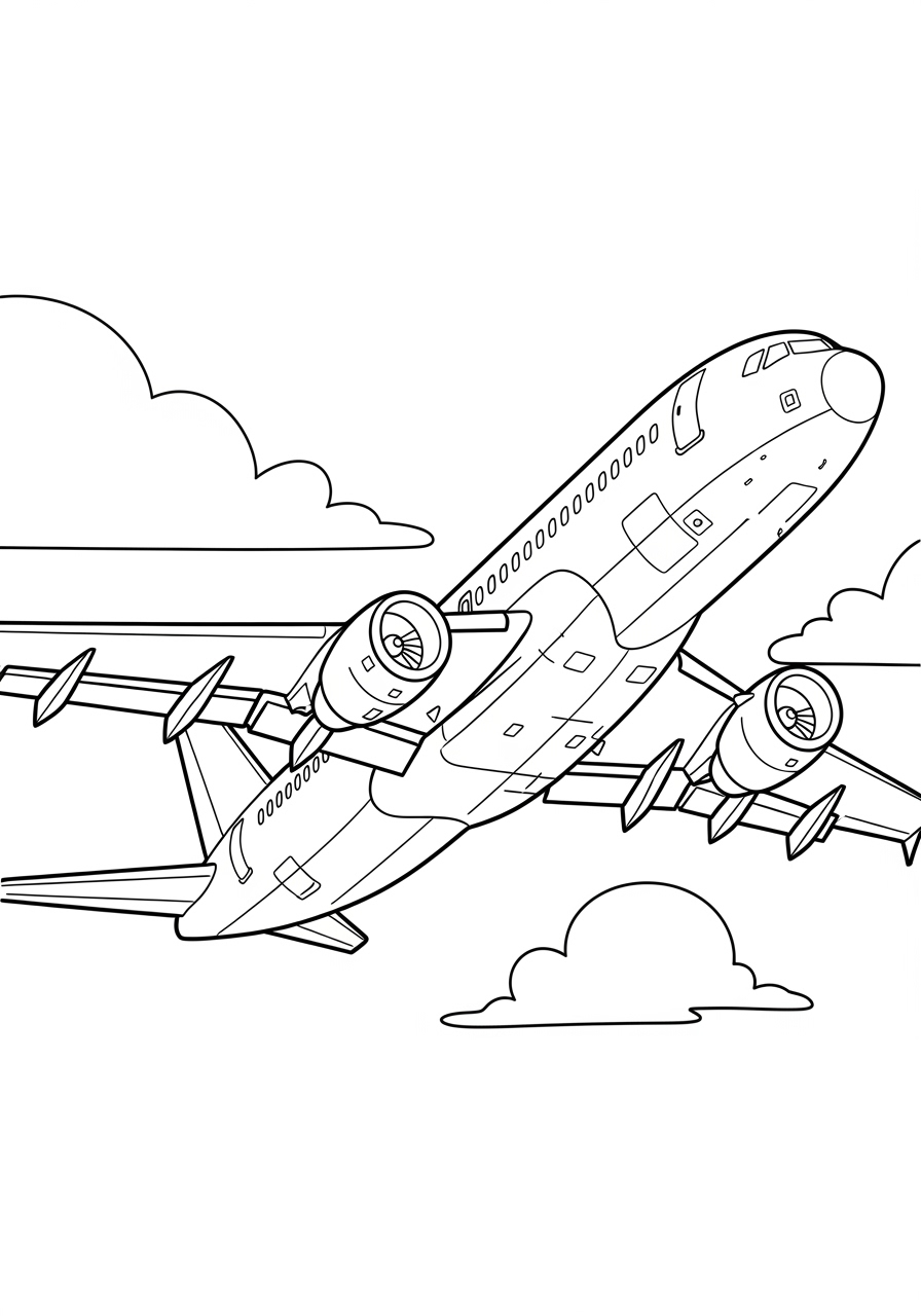 Desenho de Avião voando entre nuvens para colorir