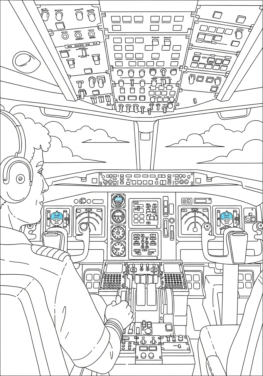 Desenho de Avião dentro da cabine do piloto para colorir