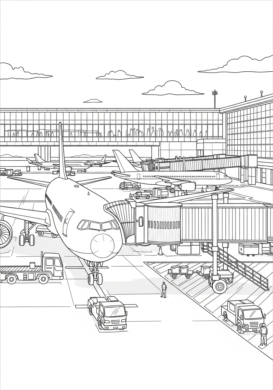 Desenho de Avião em aeroporto com outros aviões para colorir
