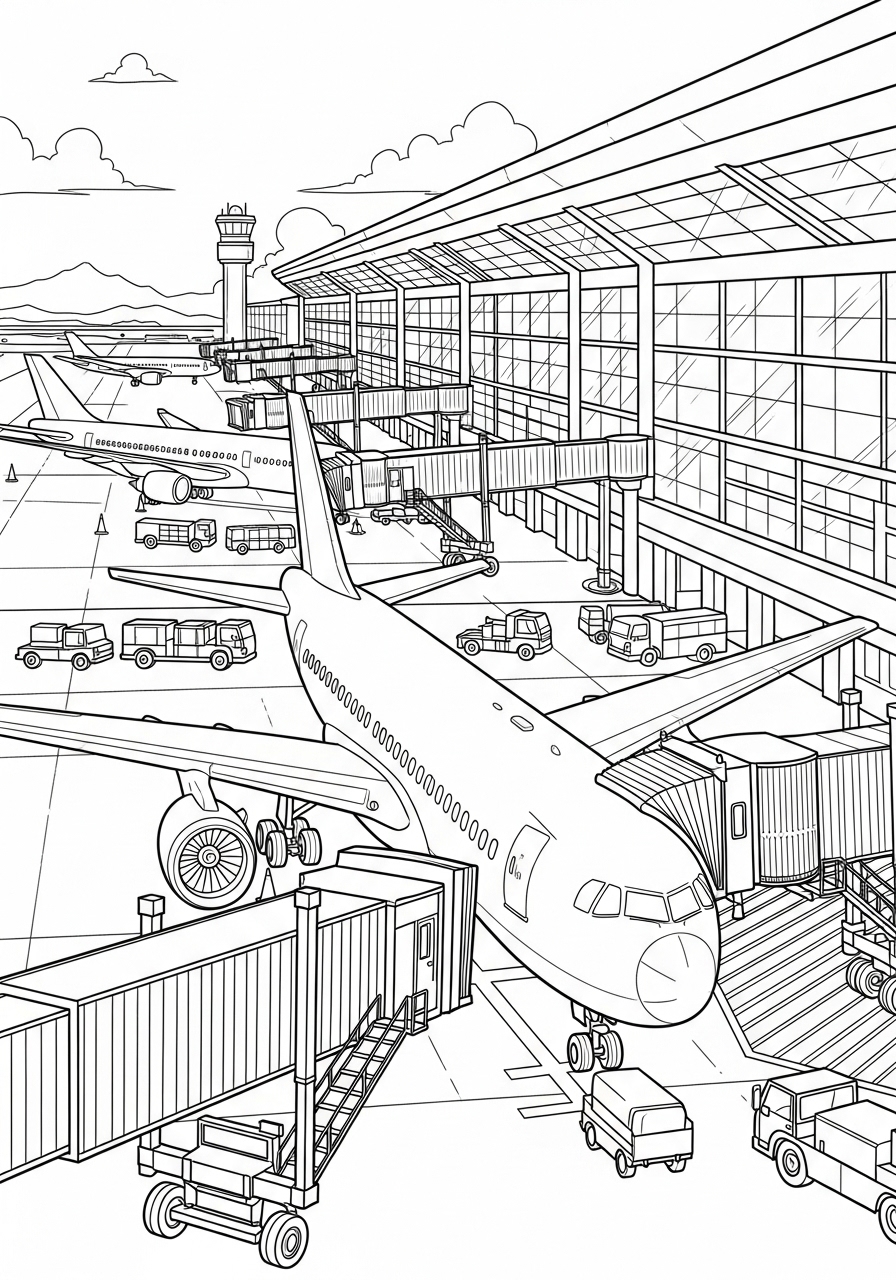 Desenho de Avião estacionado no terminal para colorir
