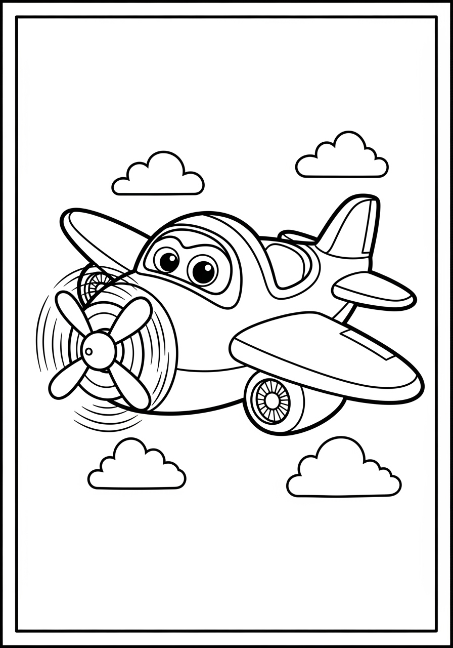 Desenho de Avião fofo com nuvens para colorir