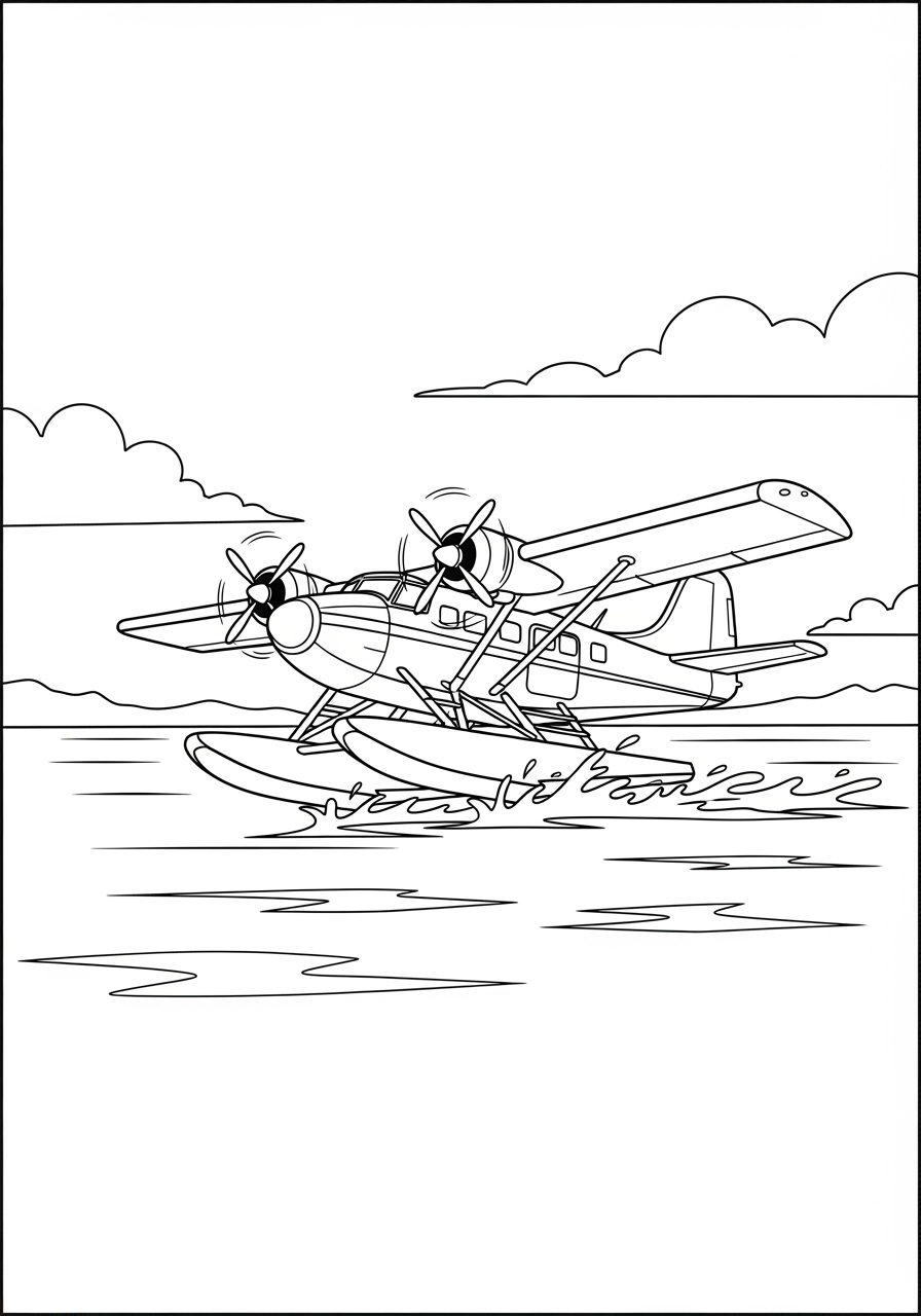 Desenho de Avião hidroavião pousando na água para colorir