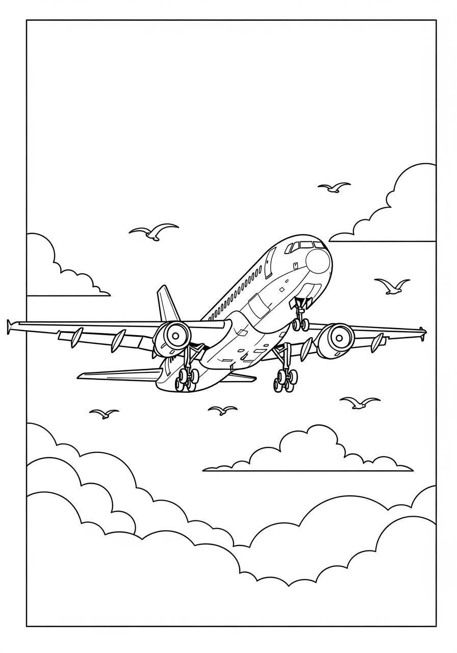 Desenho de Avião voando entre nuvens para colorir
