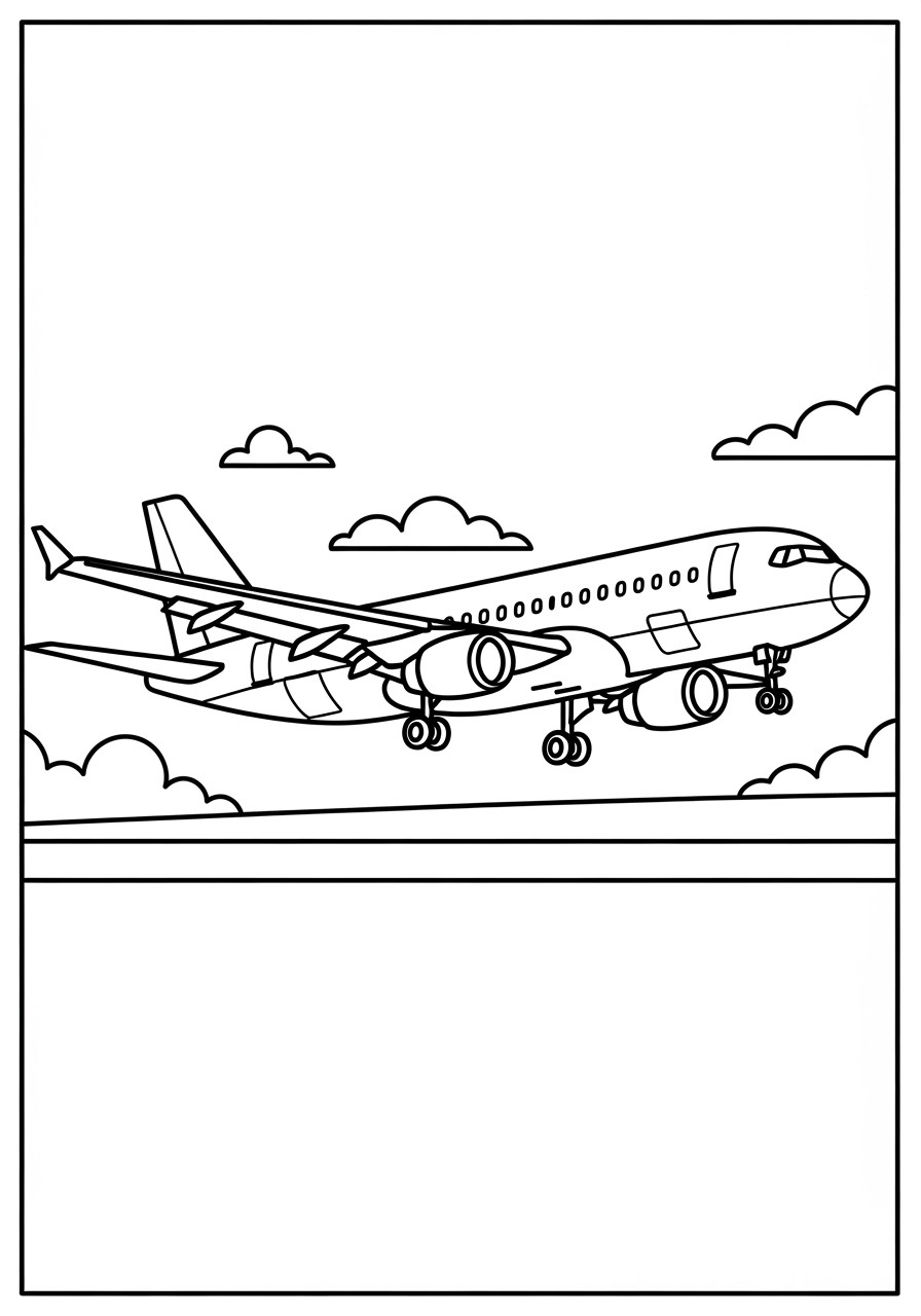 Desenho de Avião em voo com nuvens para colorir