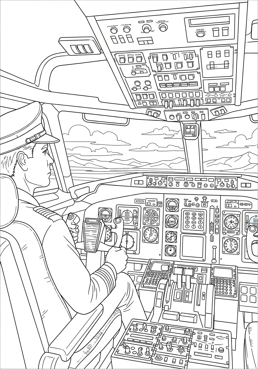 Desenho de Piloto de avião no cockpit para colorir