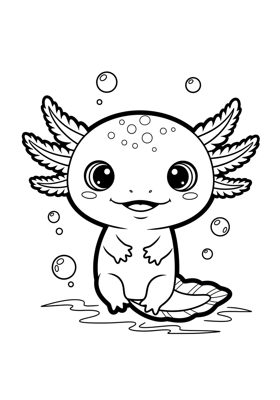 Desenho de Axolote sorridente em ambiente aquático