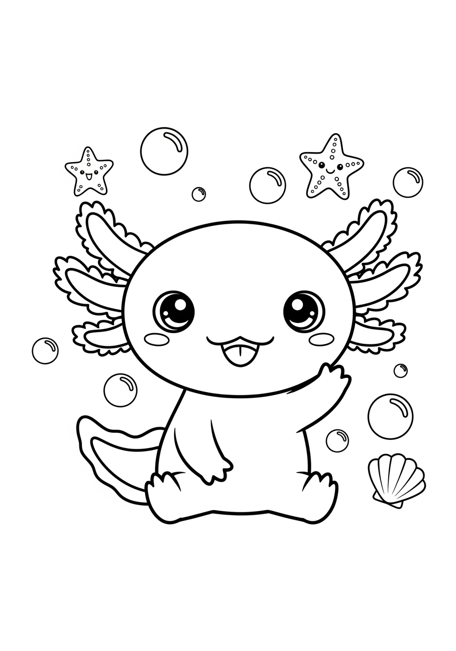 Desenho de Axolote sorridente com bolhas e estrelas do mar