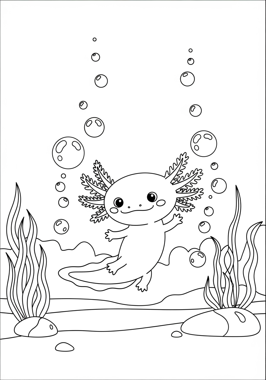 Desenho de Axolote com bolhas para colorir