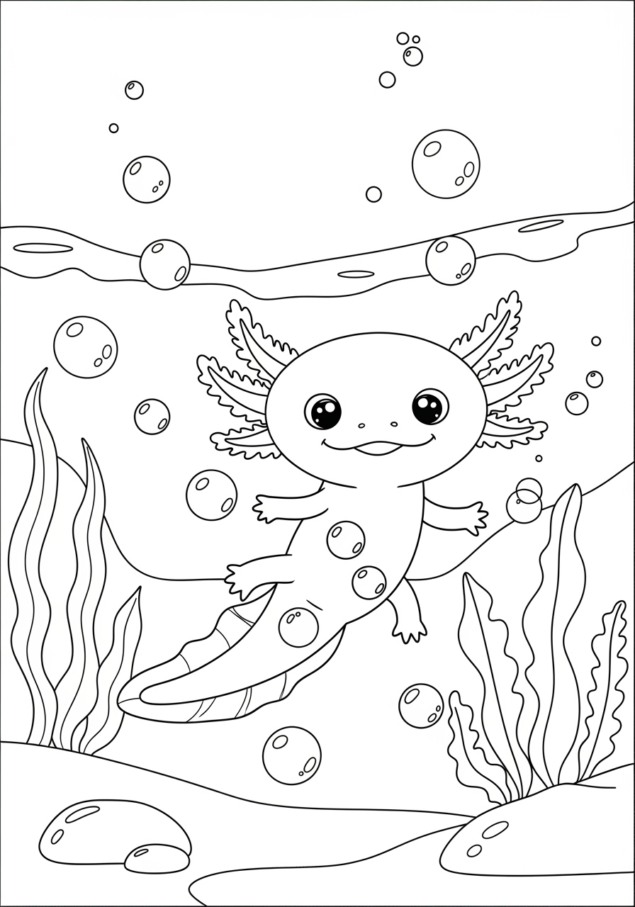 Desenho de Axolote nadando entre bolhas para colorir