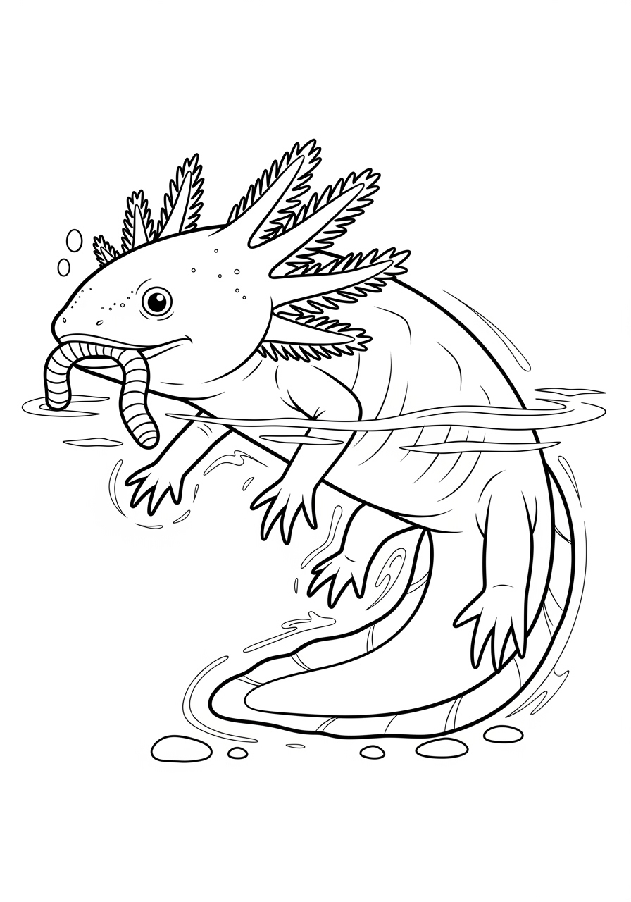 Desenho de Axolote nadando e segurando um verme para colorir