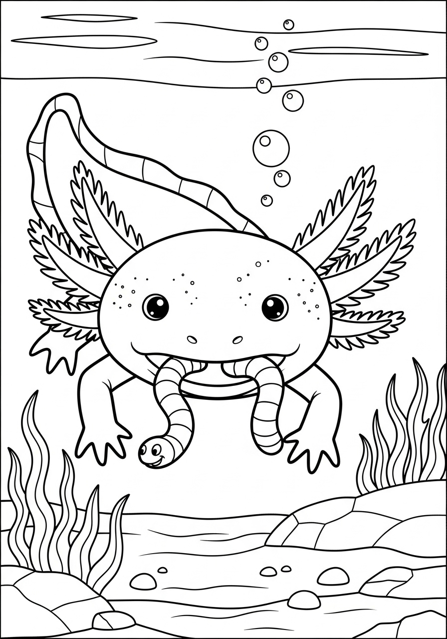 Desenho de Axolote submerso envolvendo um peixe e plantas