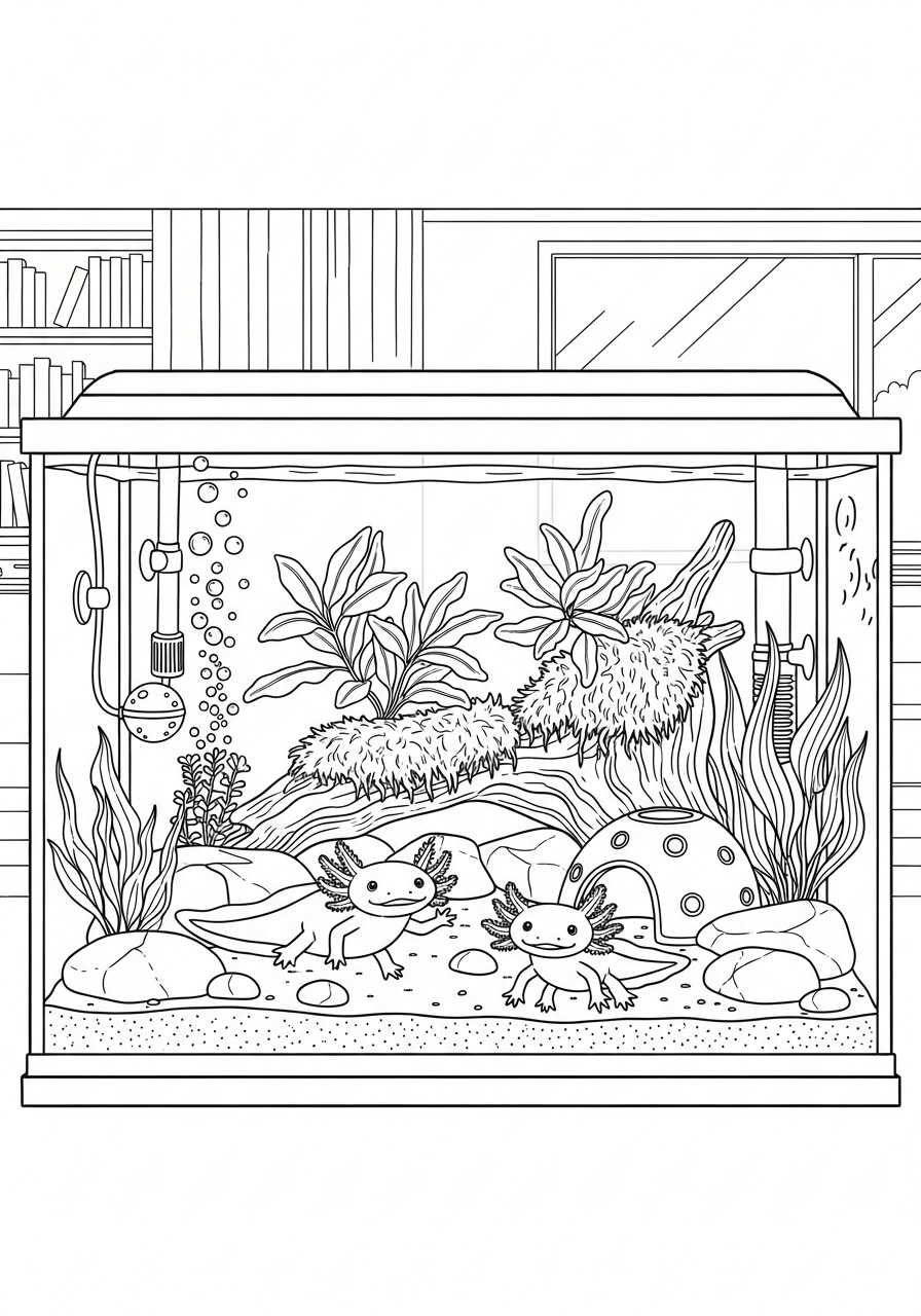 Desenho de Axolote em aquario para colorir