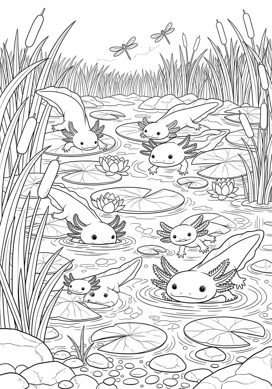 Desenho de Axolote nadando em lagoa com plantas