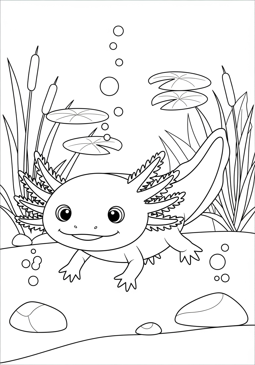 Desenho de Axolote nadando em ambiente aquático para colorir