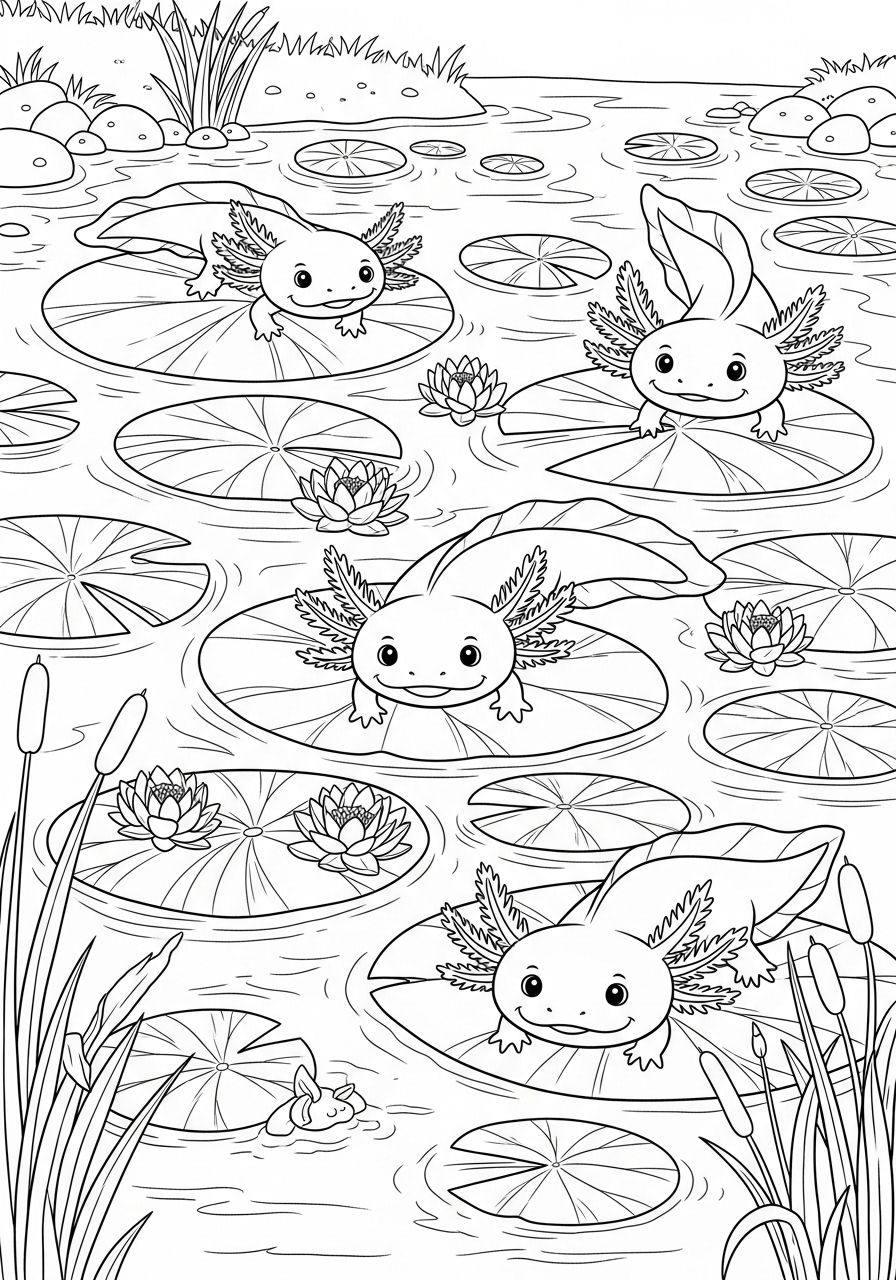 Desenho de Axolote nadando em um lago para colorir