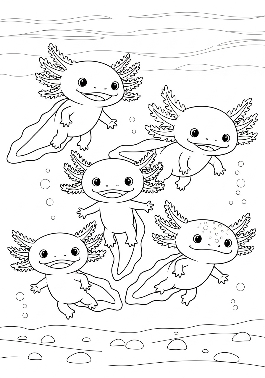 Desenho de Axolote nadando em grupo para colorir