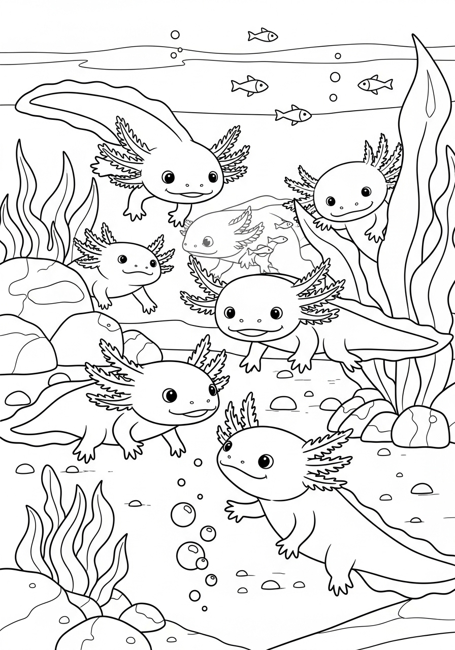 Desenho de Axolote em ambiente aquático para colorir
