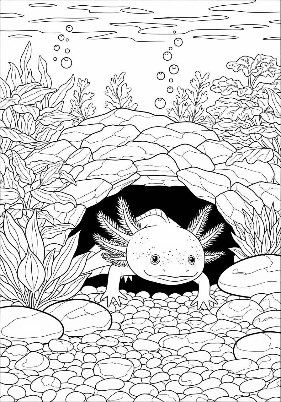 Desenho de Axolote saindo de uma toca para colorir
