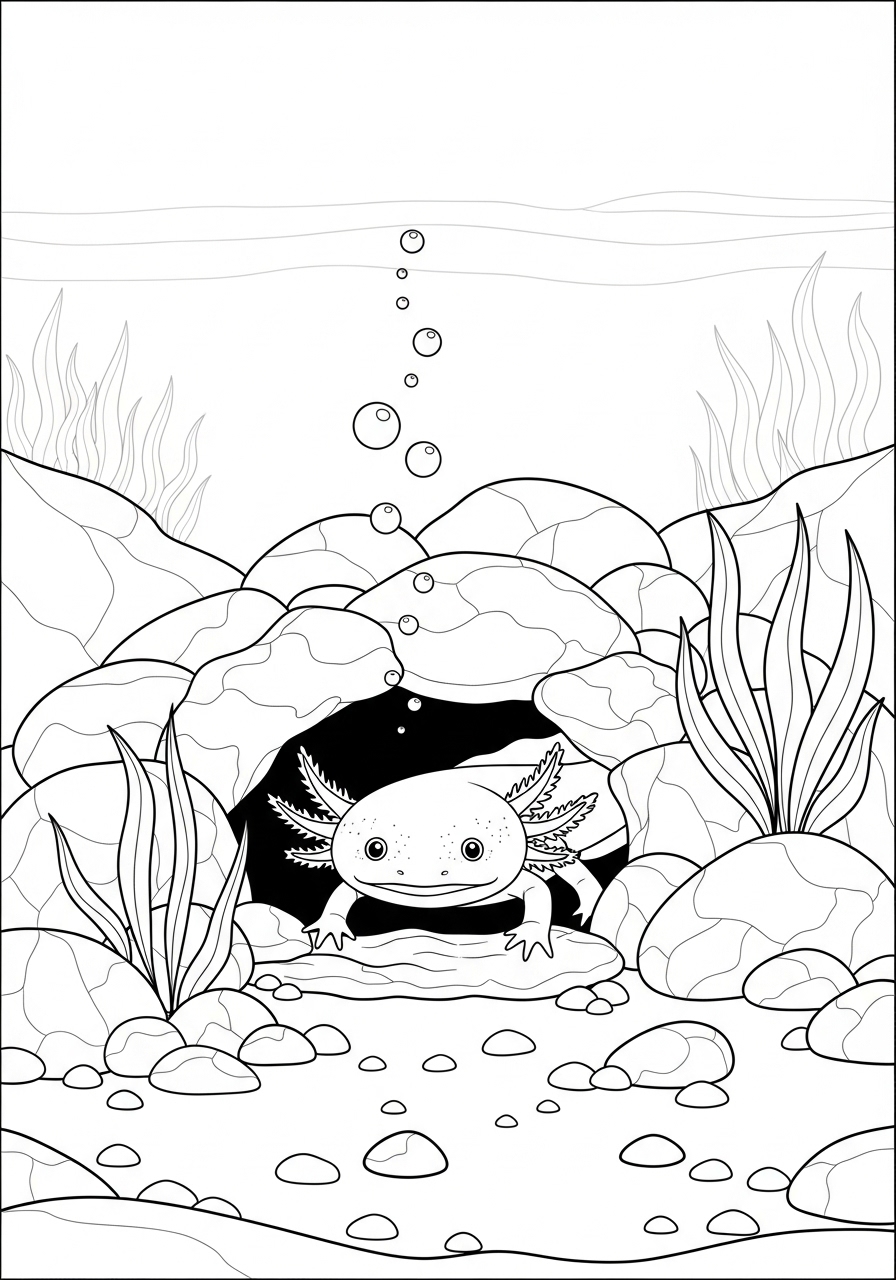 Desenho de Axolote em seu habitat natural para colorir