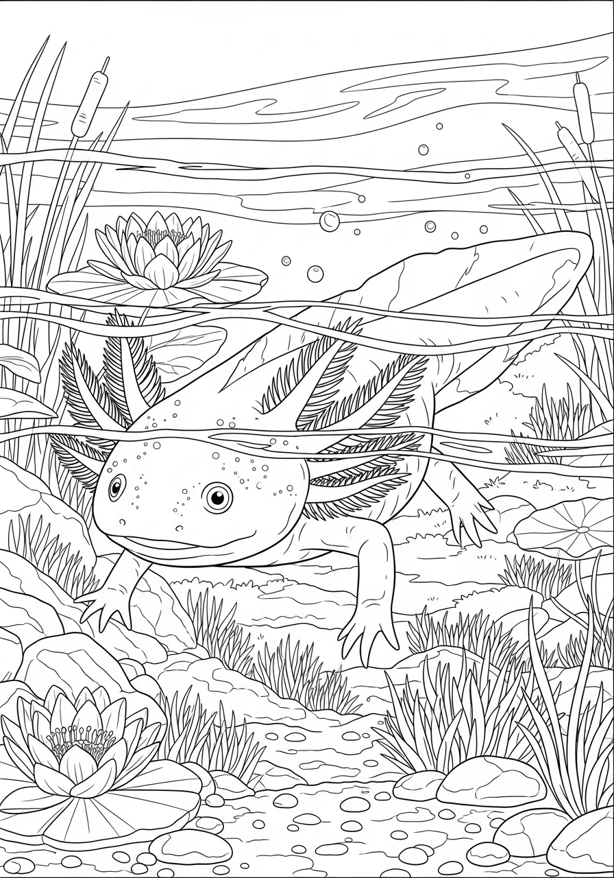 Desenho de Axolote nadando entre plantas aquáticas