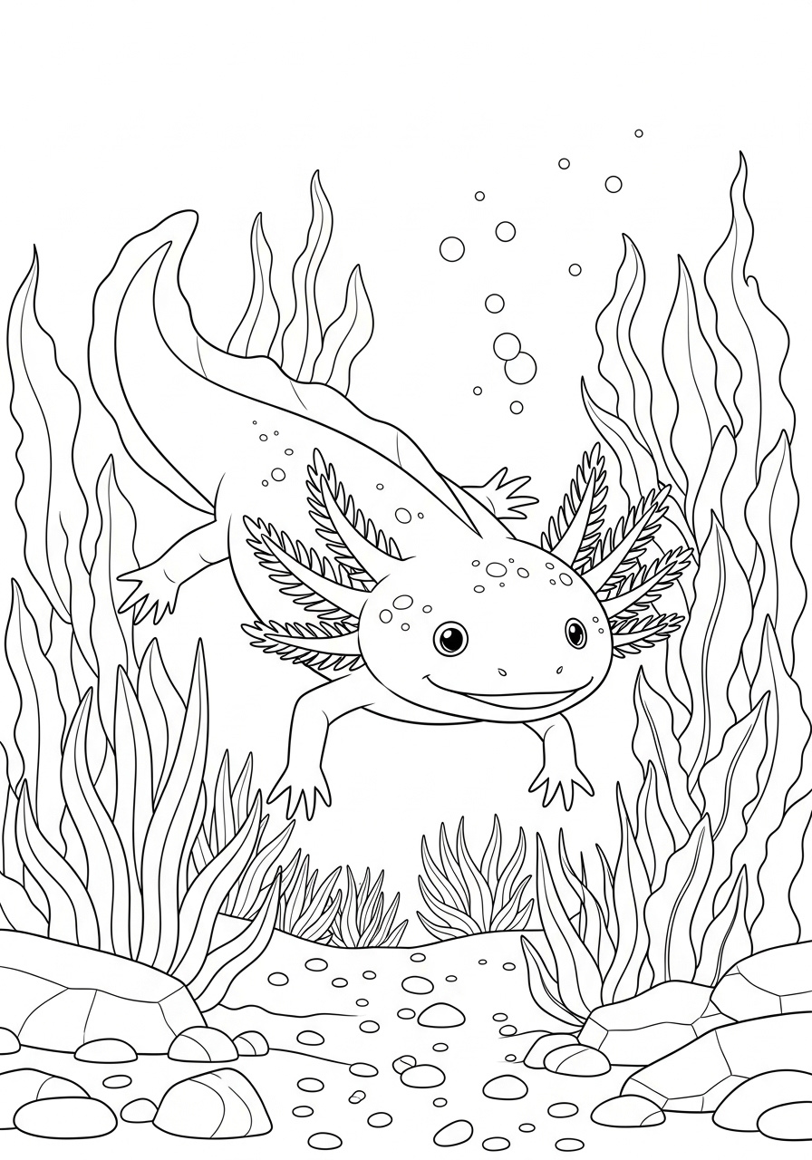 Desenho de Axolote nadando entre plantas aquáticas