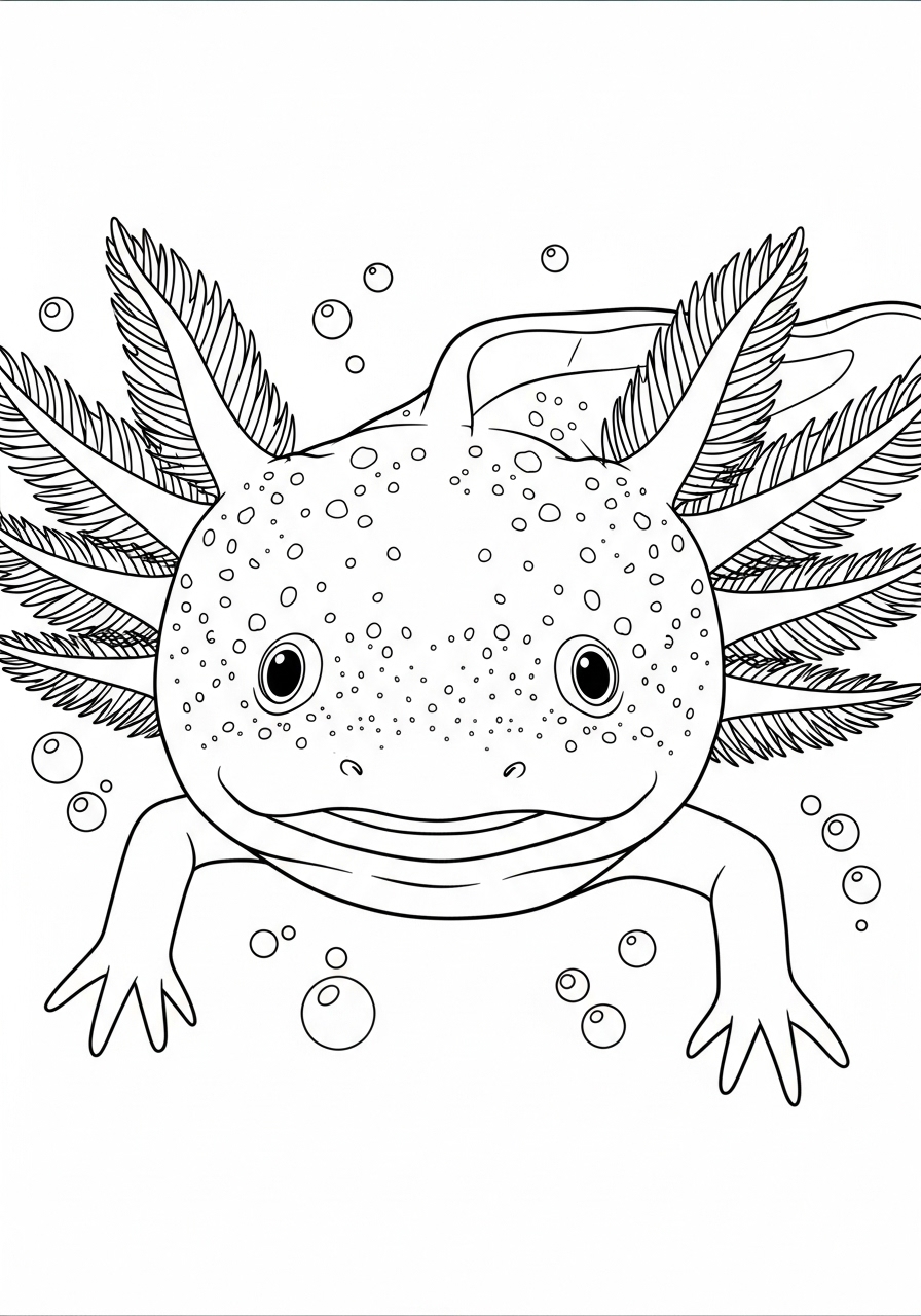 Desenho de Axolote nadando com bolhas para colorir