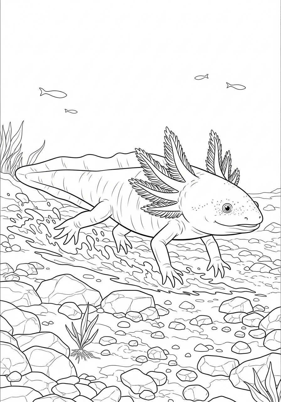 Desenho de Axolote nadando entre pedras para colorir