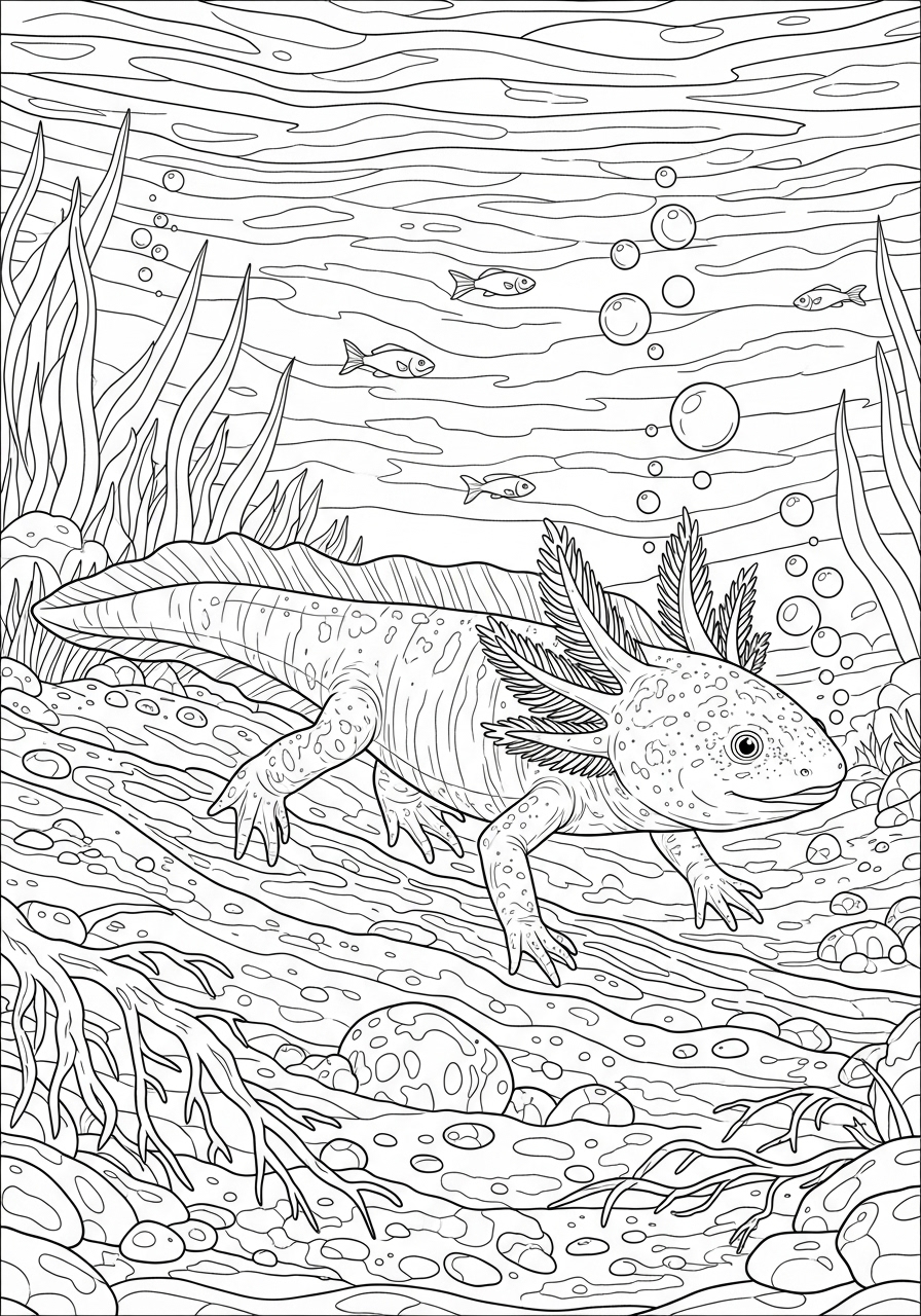 Desenho de Axolote nadando em fundo aquático para colorir