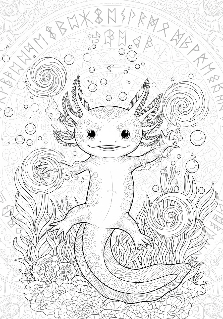 Desenho de Axolote divertido em meio a elementos aquáticos