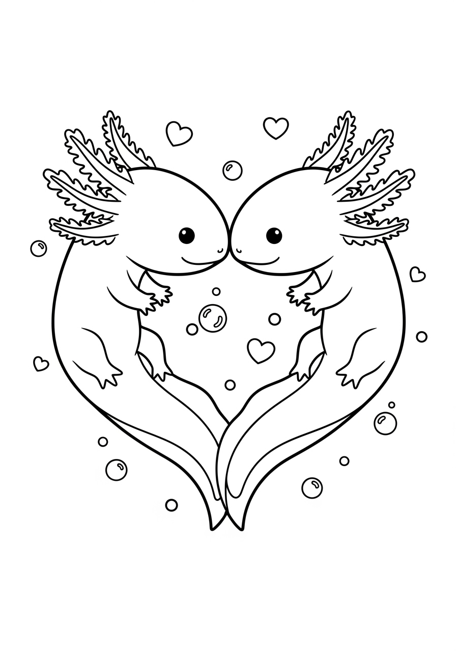 Desenho de Axolote com corações para colorir