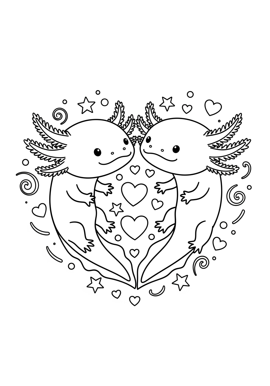 Desenho de Axolote em formato de coração para colorir