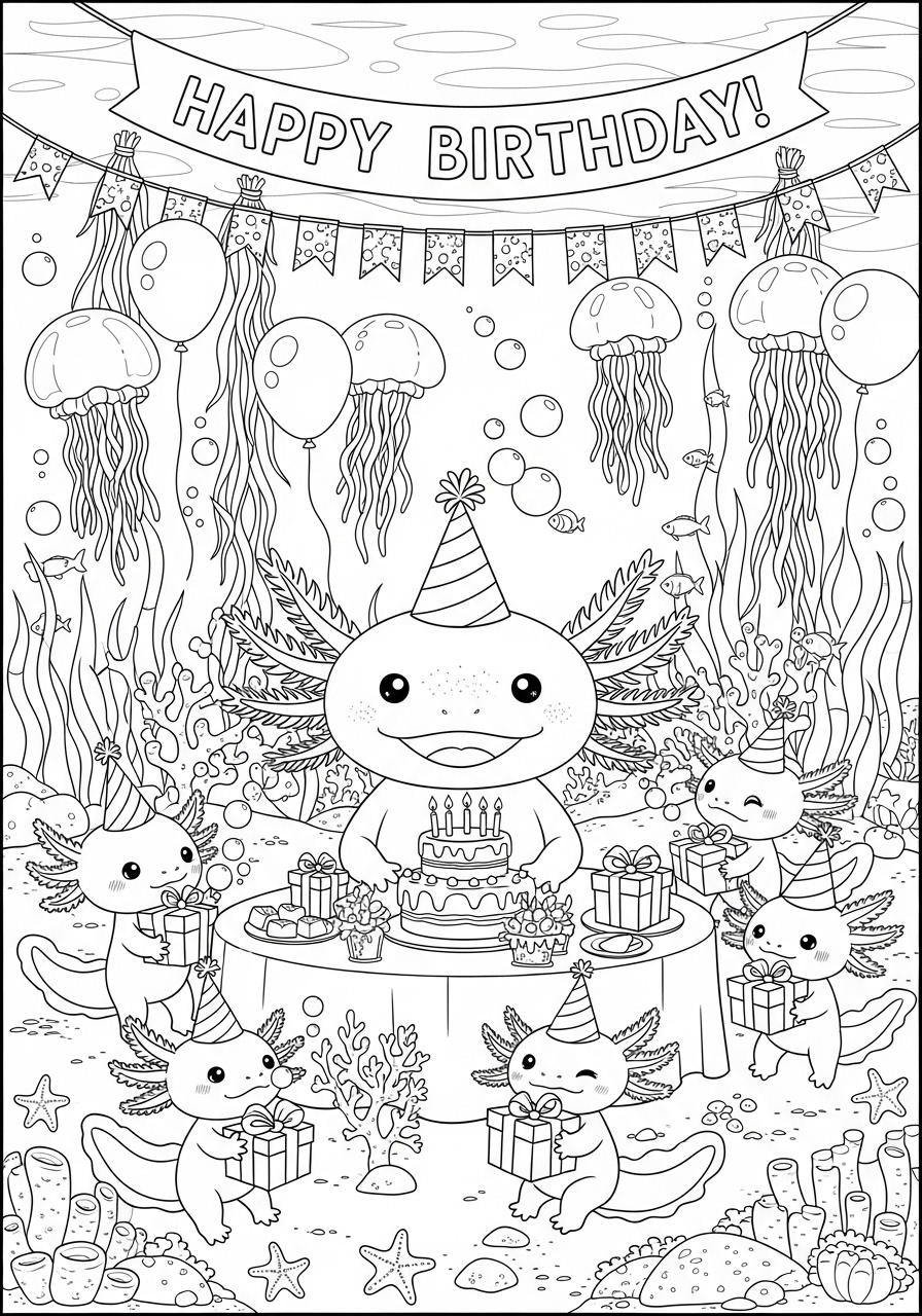 Desenho de Axolote em festa de aniversario para colorir