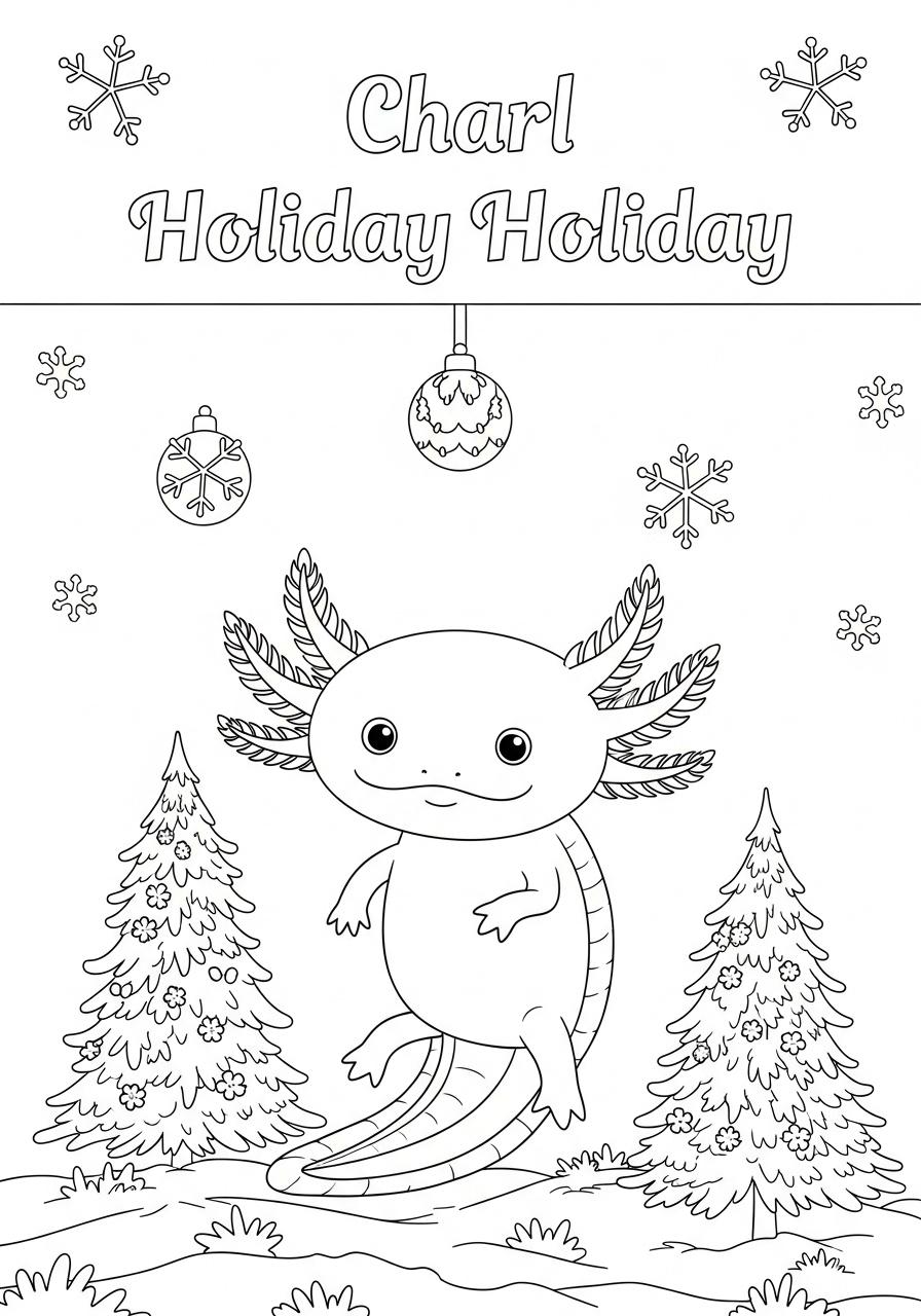 Desenho de Axolote com árvores e enfeites para colorir