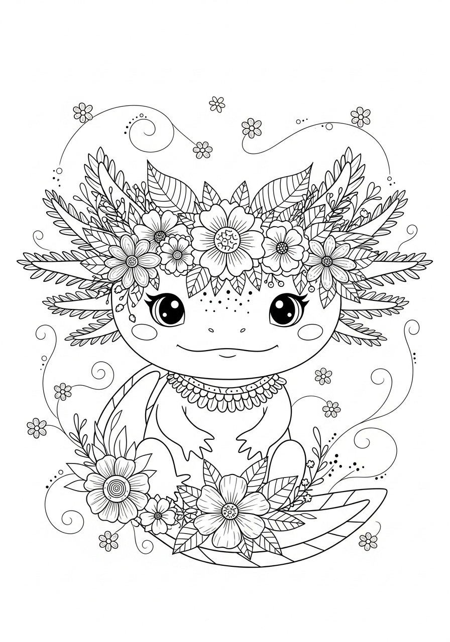 Desenho de Axolote com flores e folhas para colorir