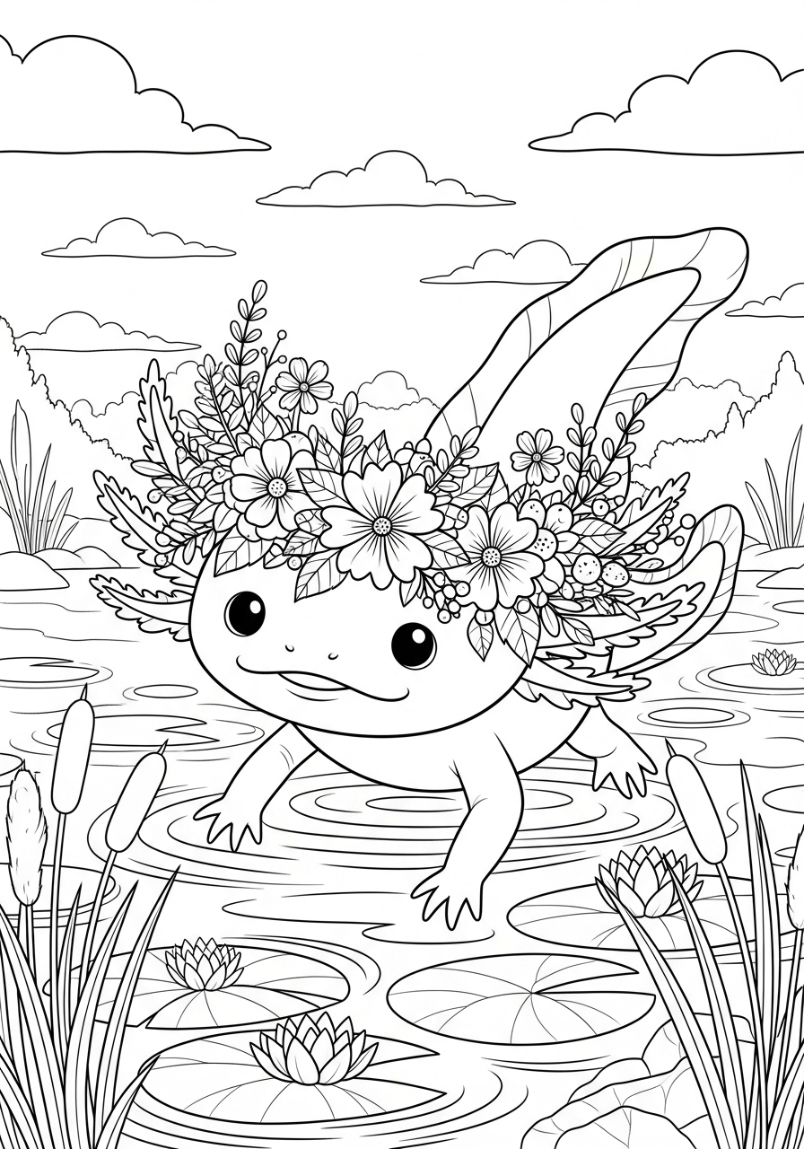 Desenho de Axolote com flores para colorir