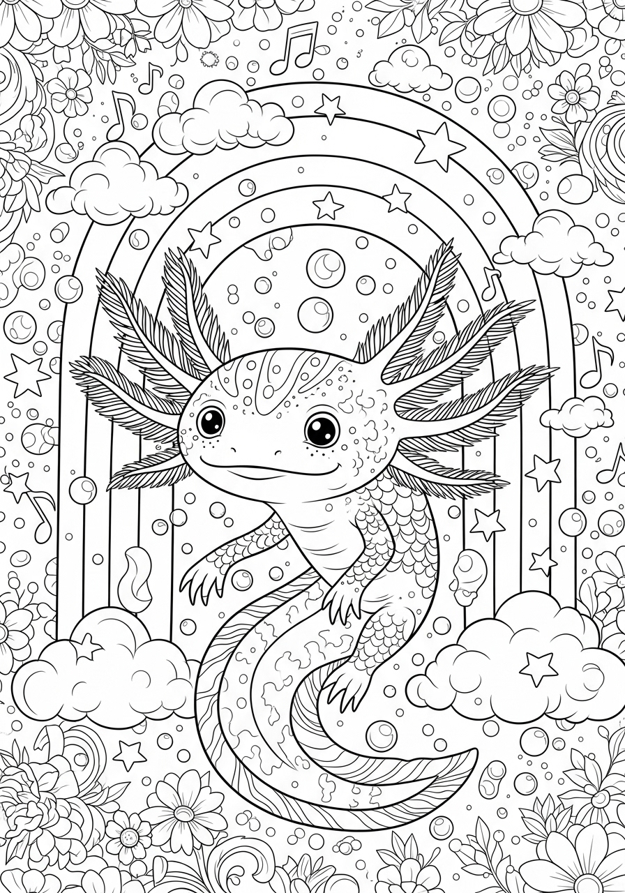 Desenho de Axolote rodeado de nuvens e estrelas para colorir