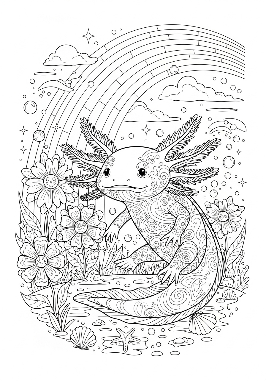 Desenho de Axolote com flores e arco-íris para colorir